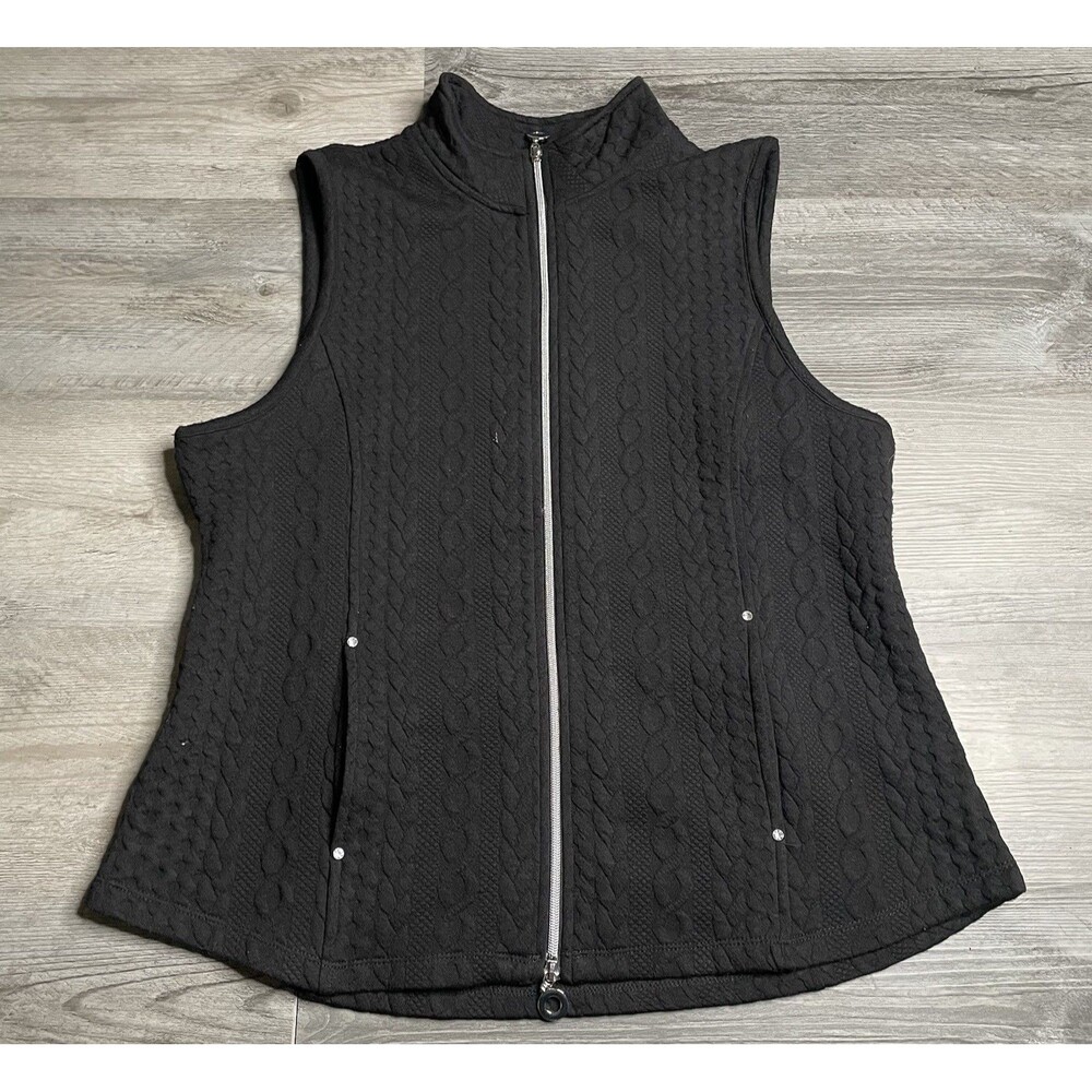 Allison Daley Women's Large Black Cable Knit Quilted Full Zip Vest Silver Trim